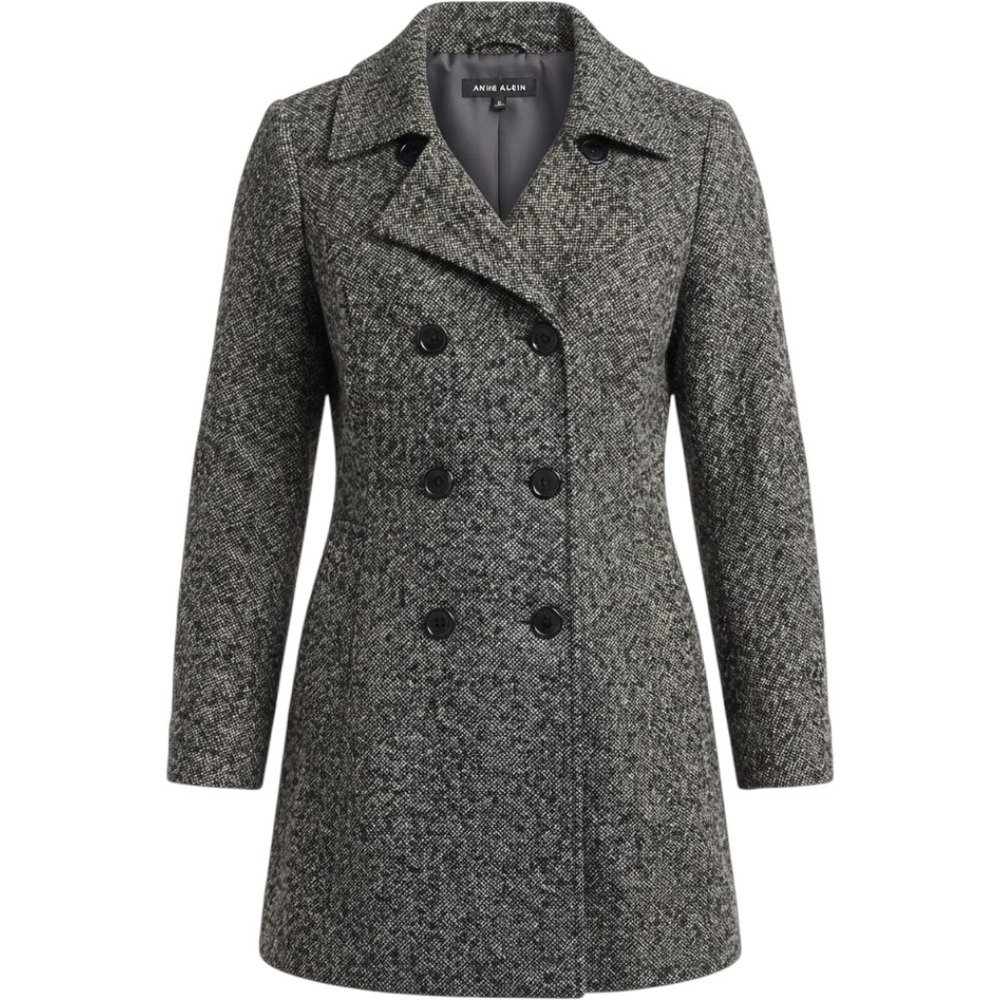 Anne Klein Womens Black White Salt Pepper Tweed Double Breasted Pea Coat Small